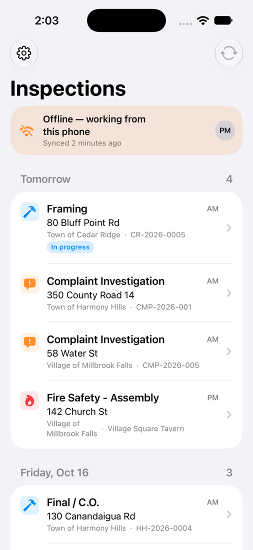 iPhone app in offline mode with an inspection in progress
