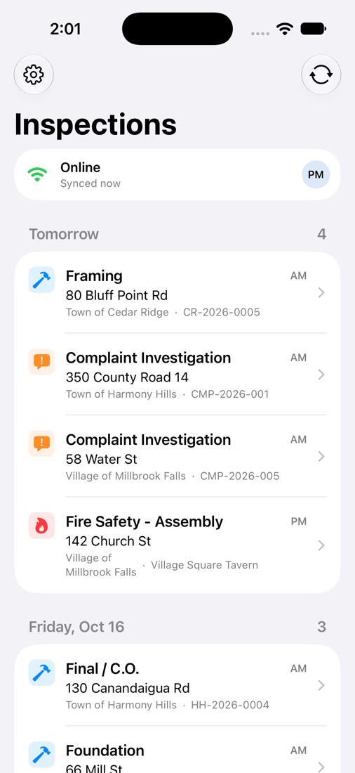 Towpath iPhone app showing an inspector's schedule for tomorrow